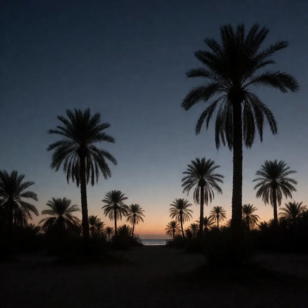 Palm trees silhouetted against the Egyptian dusk sky