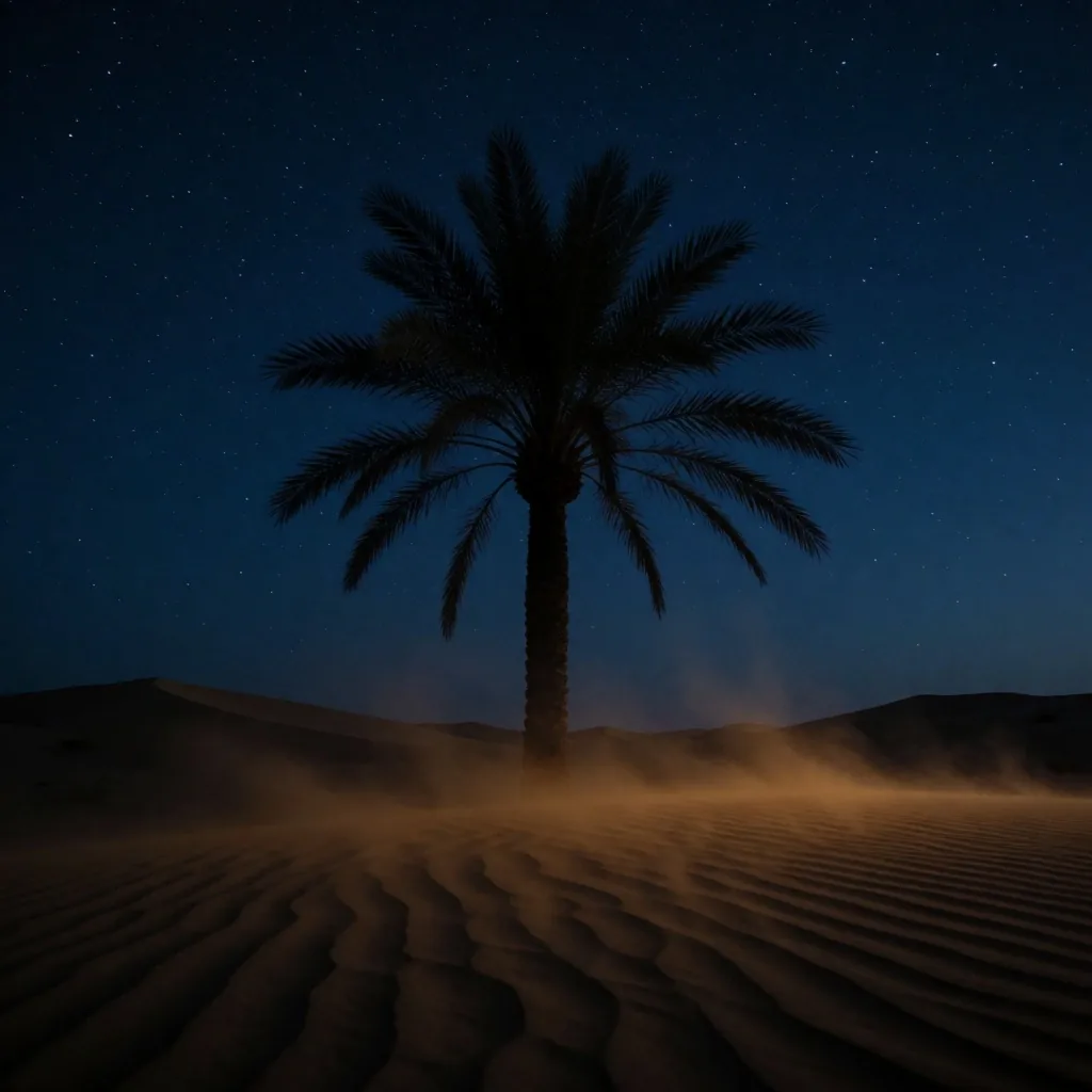 Palm tree silhouette under desert night sky