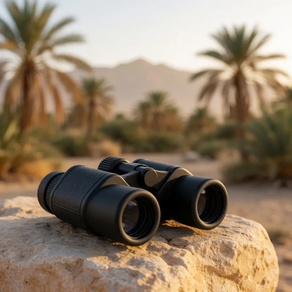 Compact binoculars on stone with desert horizon