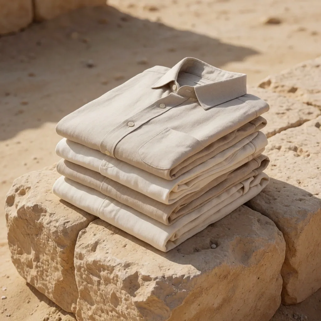 Linen and cotton travel clothing folded on stone