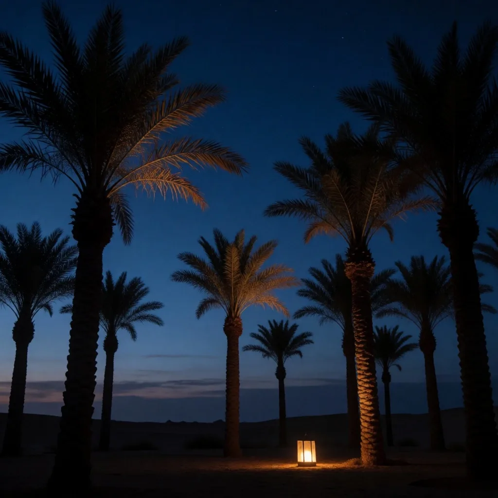 Palm silhouettes against indigo twilight sky