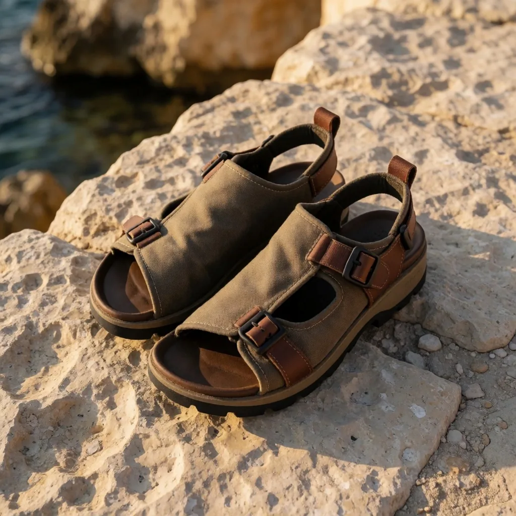Sturdy walking sandals on limestone