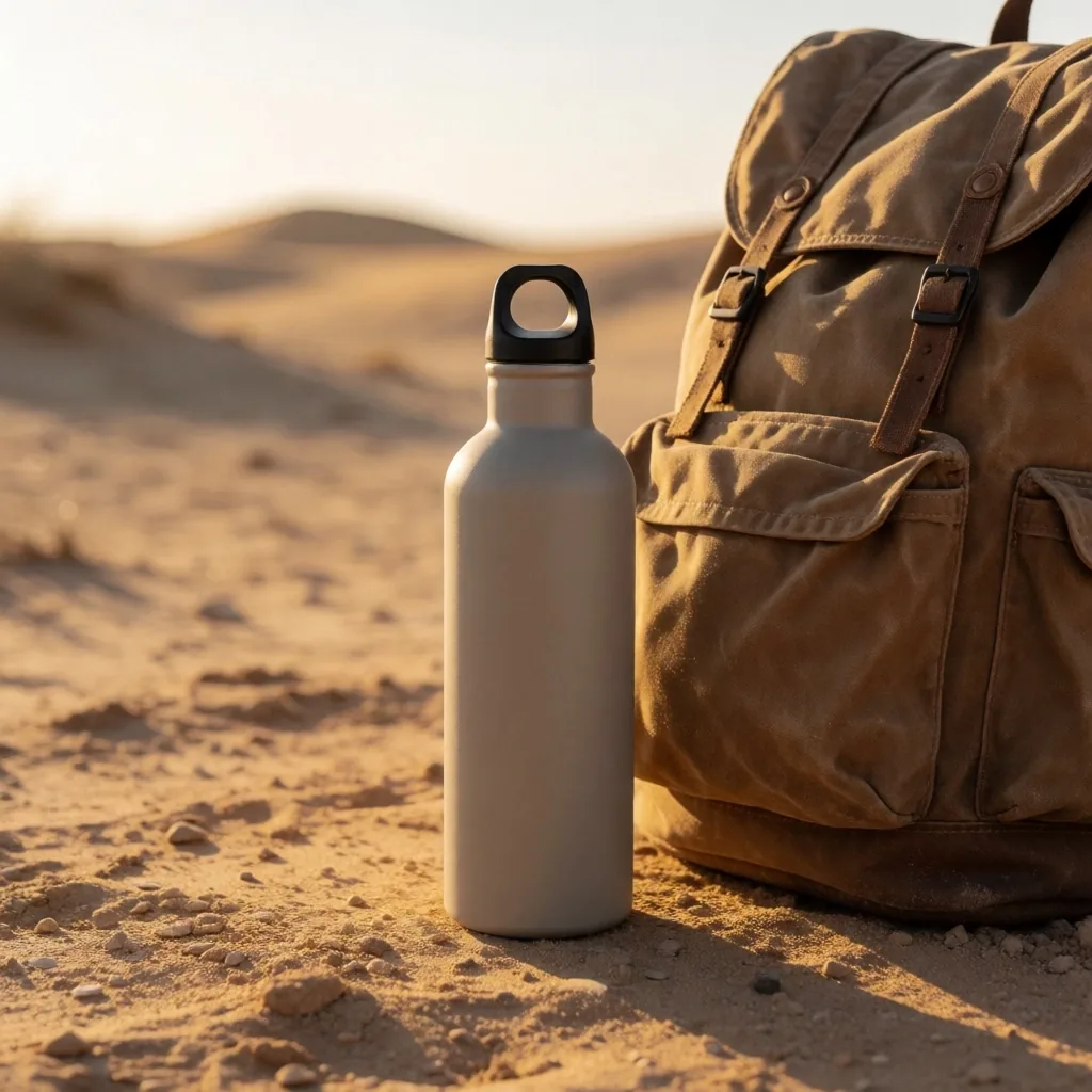 Water bottle and daypack in desert