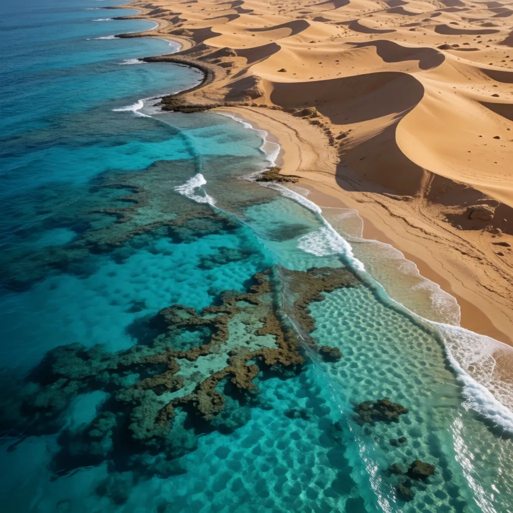 Aerial coastline view with visible reef formations