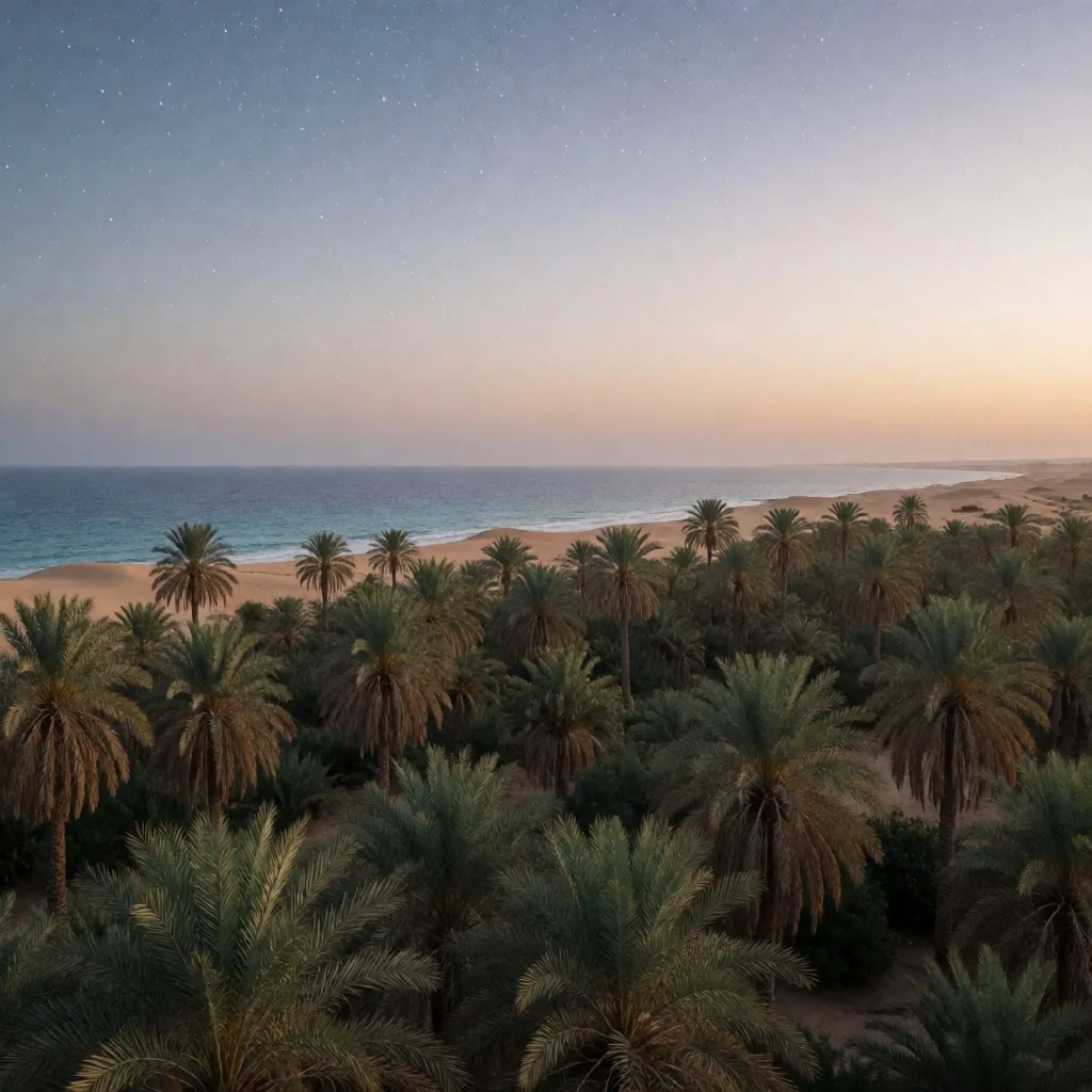 Date palm silhouettes under a starlit desert sky