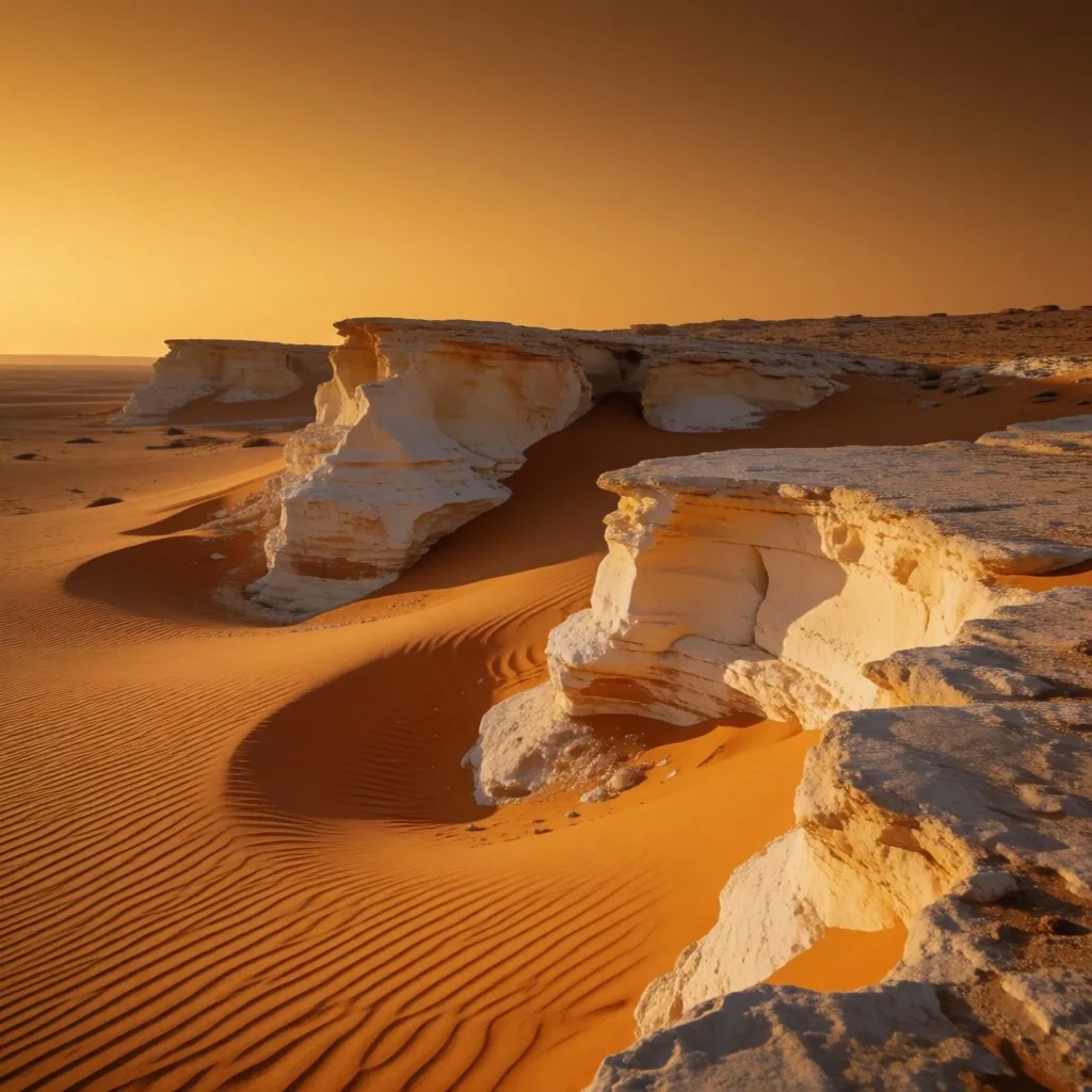 Desert plateaus and sand formations at golden hour