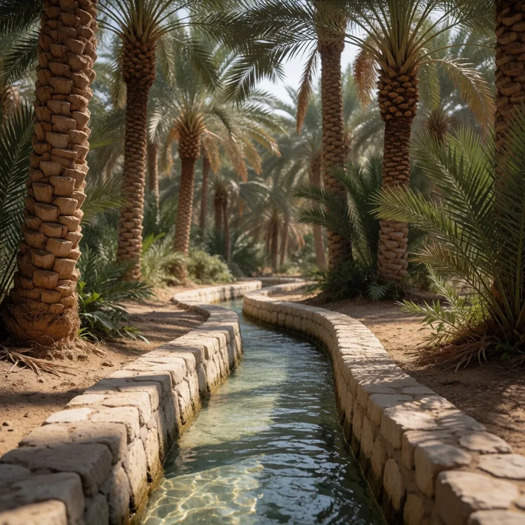 Traditional irrigation channel between palm trunks