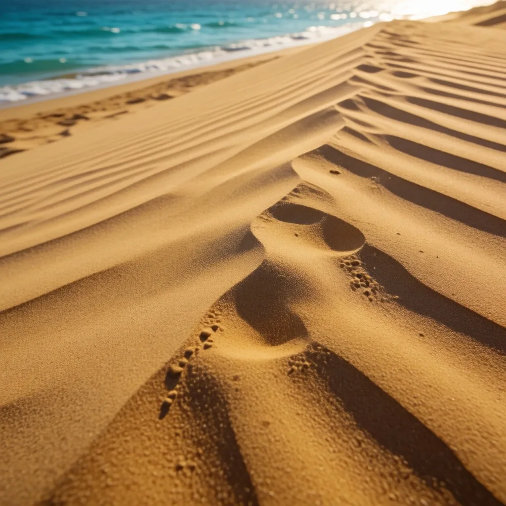 Coastal sand dunes with wind ripples meeting the sea