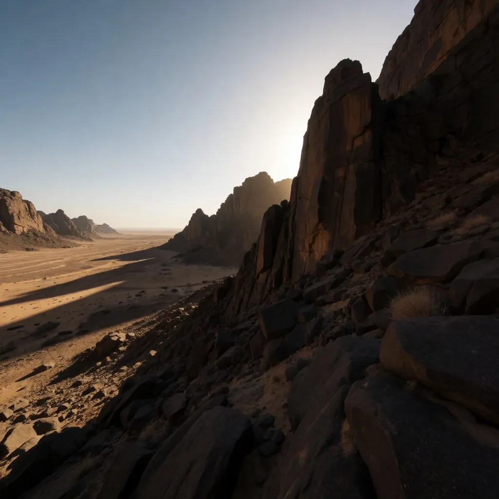 Granite mountain peaks at late afternoon with long shadows