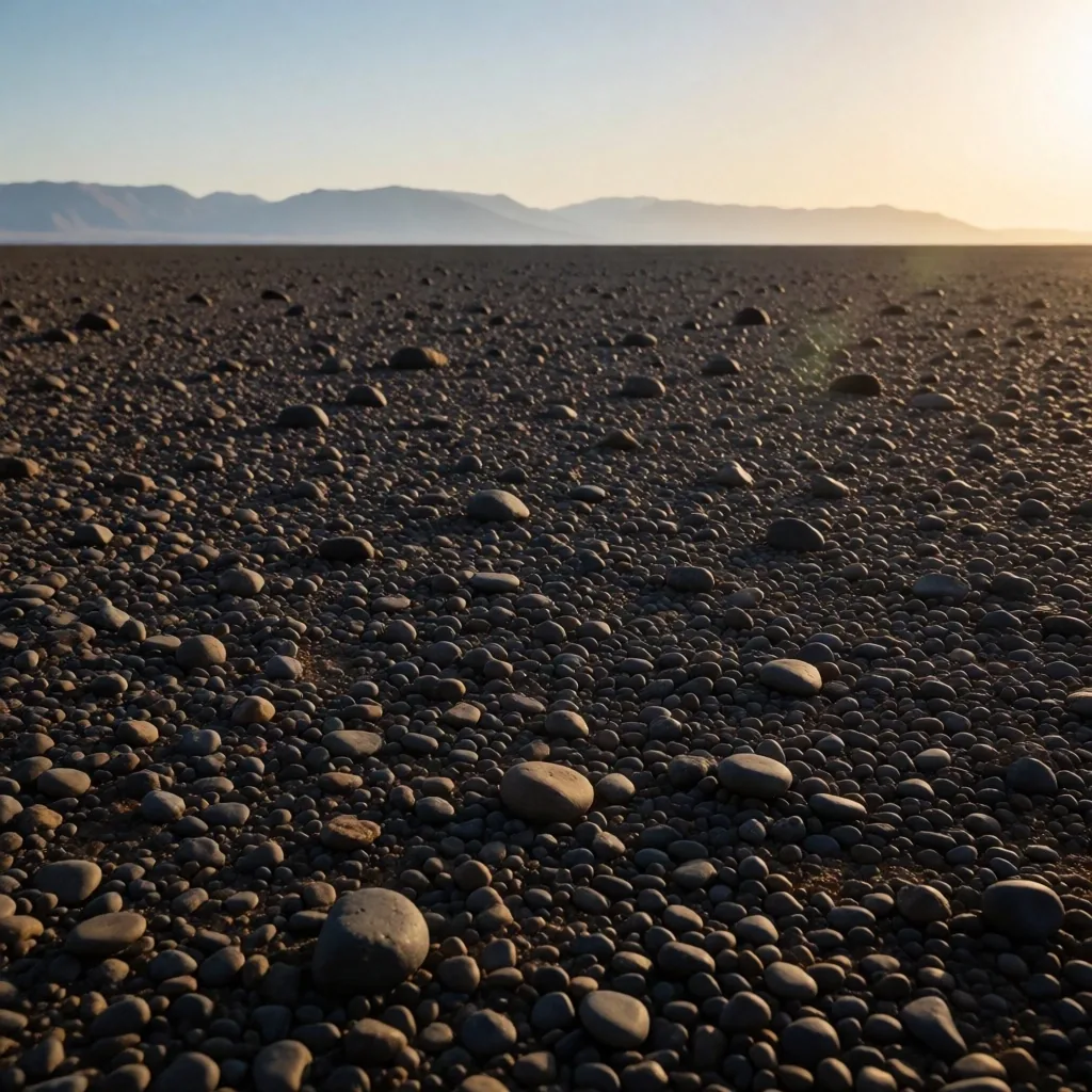High desert plateau with dark pebbles and distant horizon