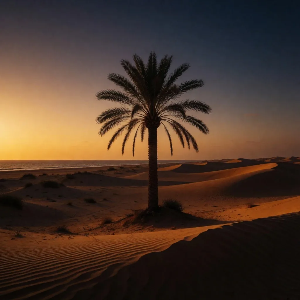 Palm tree silhouetted against a desert sunset