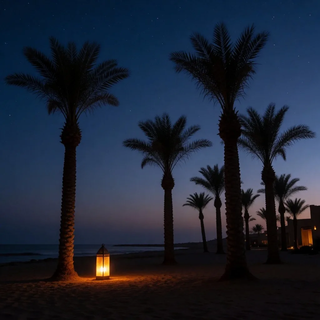 Palm trees silhouetted against the night sky