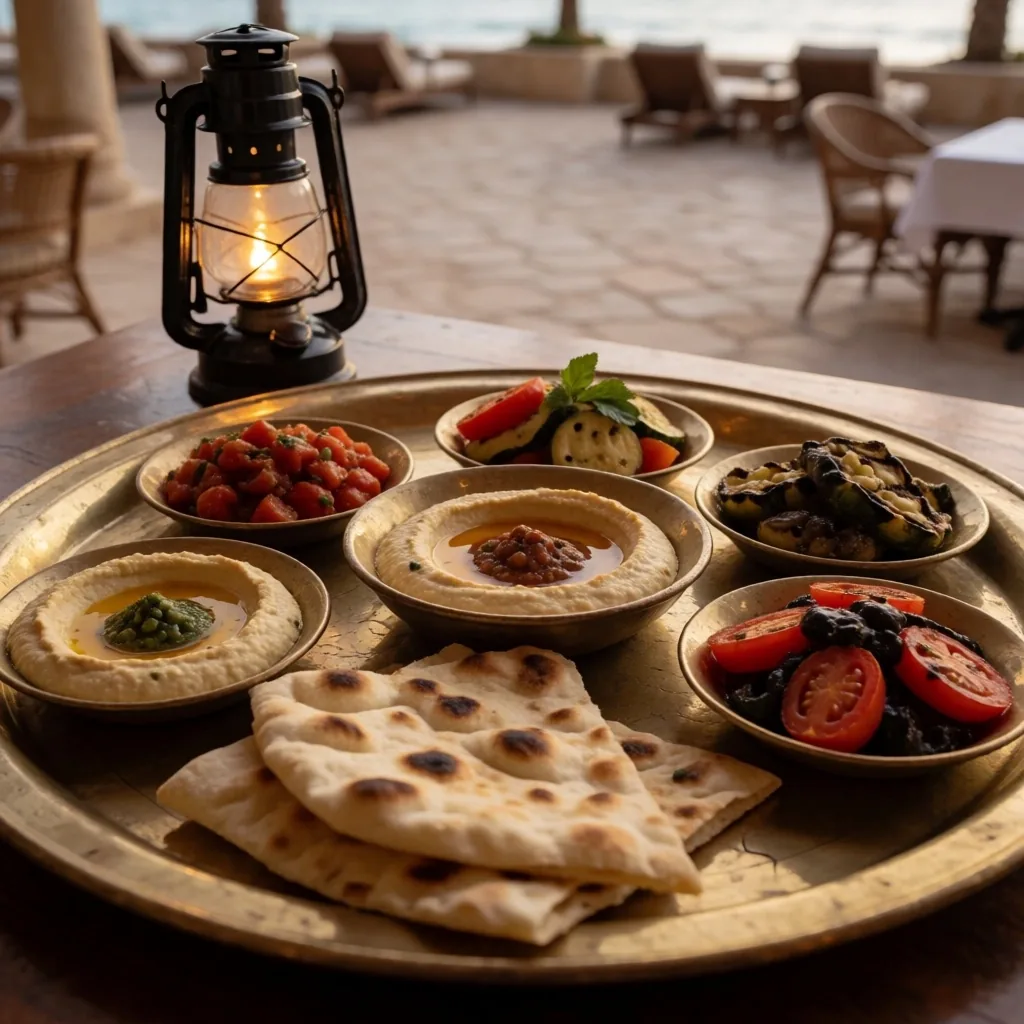 Communal meal on brass tray with lantern light