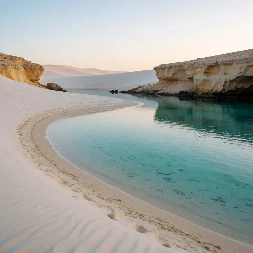 Desert oasis coastline at dawn