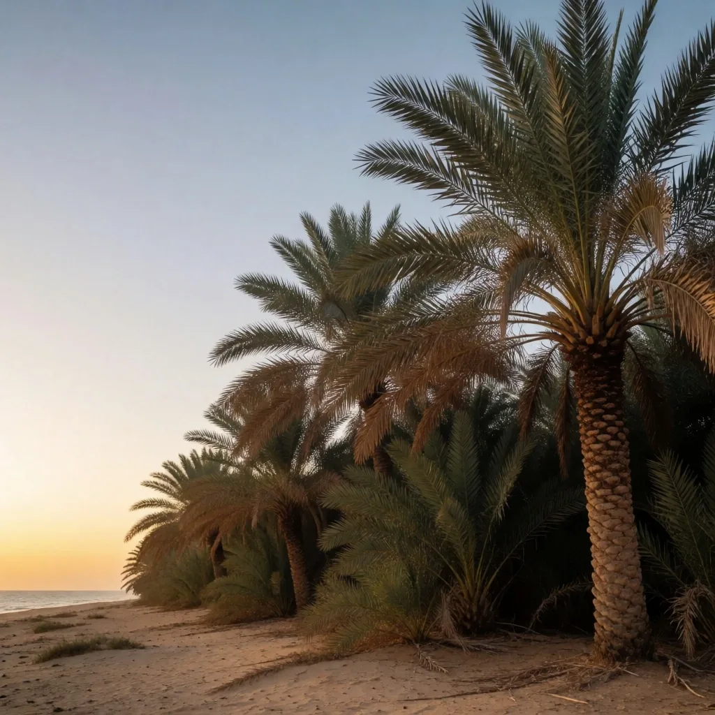 Palm tree silhouettes against dusk sky