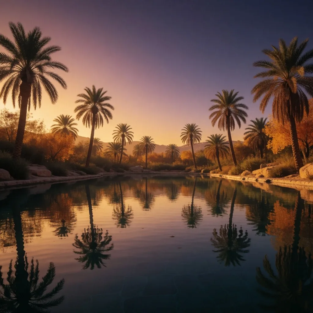 Autumn sunset reflected in a calm oasis pool surrounded by palms