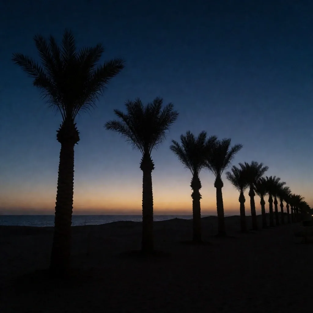 Palm tree silhouettes against a deep indigo desert sky at dusk